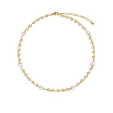 Imagem de Cowlyn Gargantilha de coração com elos de pérola ouro 18 k infinito elegante para sempre corrente curta delicada linda declaração presente de dia dos namorados joias mulheres e adolescentes, 15.3 inches+ 2 inch extension chain, Metal, desconhecido