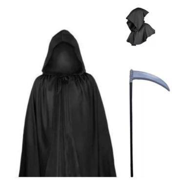Imagem de Capa Preta C/ Capuz E Foice Artificial Fantasia Halloween Carnaval