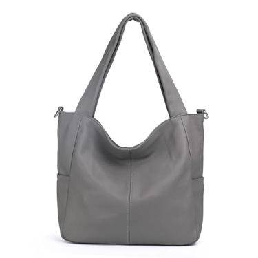 Imagem de Couro legítimo, couro macio, cor cinza, bolsa de ombro transversal, design simples, grande capacidade, perfeita para compras.