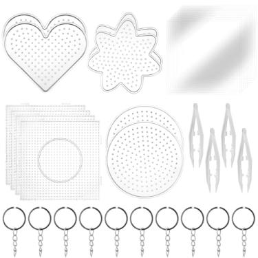 Imagem de ZUQIAN 20 peças de 4 formas de contas de fusível, placas de contas de fusível de 5 mm, grandes quadros de pegboards transparentes com 10 papel de passar e 4 contas pinças, 10 chaveiro para artesanato