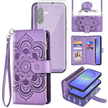 Imagem de Capa de celular para Samsung Galaxy A56 5G carteira com zíper destacável com protetor de tela de vidro temperado alça transversal cordão mandala flor flip porta-cartão A 56 56A LTE mulheres meninas