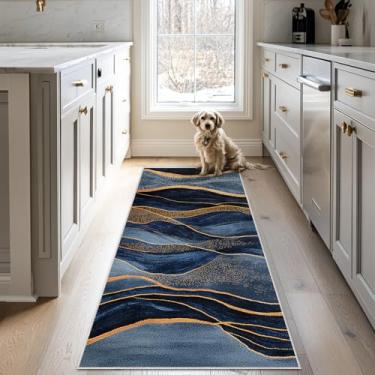Imagem de Tapete abstrato lavável, 5 x 15 cm, para sala de estar, quarto, moderno, azul marinho e dourado, antiderrapante, piso macio, tapete grande para escritório, entrada, banheiro