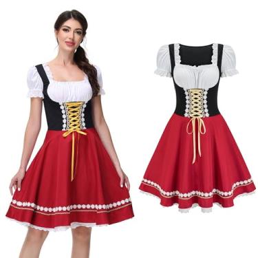 Imagem de Regenboog Fantasia feminina Oktoberfest, vestido Dirndl bávaro para mulheres, vestido Dirndl de Halloween, roupa de empregada de cerveja, Vermelho, longo, Large