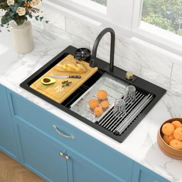 Imagem de Sarlai Pia de cozinha Waterfall - Pia de cozinha preta composta de granito 83 cm Drop In Topmount estação de trabalho granito quartzo preto fosco pia multifuncional tigela única com cachoeira