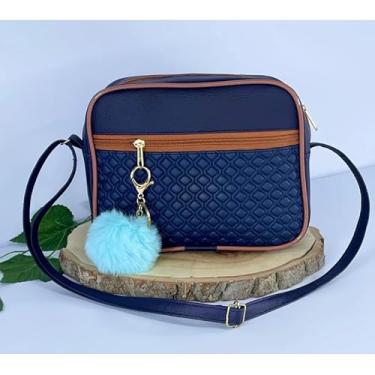 Imagem de Bolsa Feminina Alça Transversal Tira Colo Estampa Moderna Com Pompom(Azul Marinho)