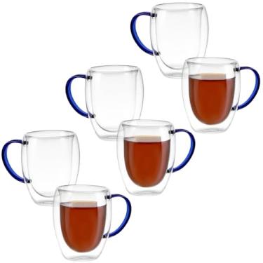 Imagem de Kit Conjunto 6 Xícaras de Vidro Borossilicato Parede Dupla 350ml Transparente com Alça Colorida (Azul)