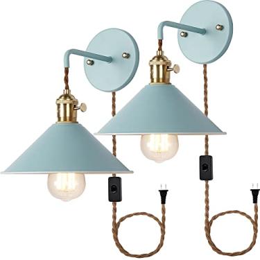 Imagem de Conjunto de dois arandelas de parede com interruptor de plugue, lâmpada de parede azul com cabo de plugue de 2 para pendurar no quarto luzes de parede E26 Edison Suporte de lâmpada de latão com