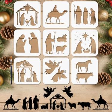 Imagem de MAYJOYDIY 9 peças de estêncil de natal para pintura de anjo de Natal 5,9 × 5,9 cm modelo de desenho reutilizável para três homens sábios com pincel de pintura para artesanato na janela, parede de