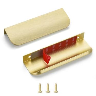 Imagem de sunlithor Puxadores de dedo de borda para armários, descasque e cole na gaveta de cozinha, invisível, autoadesivo, plano sem broca, pacote com 10 alças de latão escovado, comprimento total de 12 cm