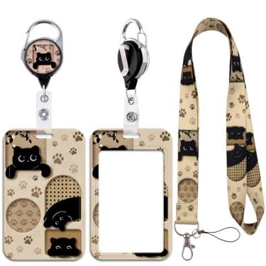 Imagem de Cordão fofo com porta-cartão de identificação deslizante autoretrátil, suporte de crachá de identificação 3D gato preto com etiqueta de nome com impressão de pata cordão com clipe de chaveiro
