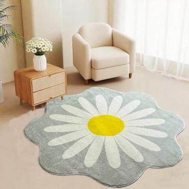 Imagem de Tapete cinza em forma de margarida 1,2 m para quarto, tapete floral de círculo macio, tapete felpudo para sala de estar, tapete circular interno para quarto de meninas, crianças, decoração de casa