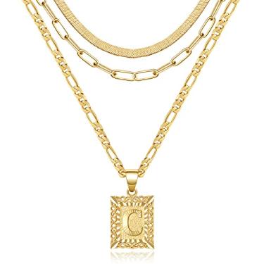 Imagem de KissYan Conjunto de colar em camadas de ouro para mulheres, banhado a ouro 14 K com pingente de letra inicial e clipe de papel, gargantilha de cobra e alfabetos de A-Z Fígaro, colar de corrente de