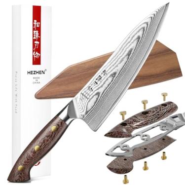 Imagem de HEZHEN Faca de chef Damasco com bainha, 21 cm, 67 camadas, faca de cozinha japonesa de aço Dmascus para chefs profissionais e família, alça Micarta, pronta para presente
