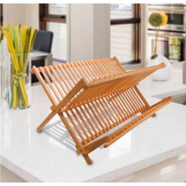 Imagem de Escorredor de Louça Dobrável em Bambu, 2 Níveis, Organizador de Pratos para Cozinha, Natural