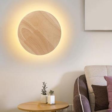 Imagem de Asixxsix Arandela de Parede de Madeira Redonda, Lâmpada de Parede de Madeira Maciça Simples Com Conexão Com Fio e Luz Quente, para o Quarto da Sala do Quarto da Cozinha de Cozinha de