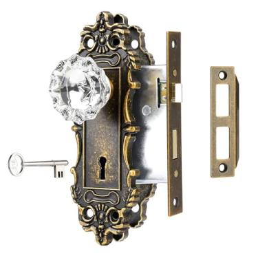 Imagem de ToPToToo Conjunto de fechadura de encaixe para porta interna, maçanetas de latão antigo com fechadura e chave de esqueleto, substituição de fechadura de maçaneta vintage para portas internas,