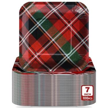 Imagem de Potchen 100 peças de pratos de sobremesa xadrez de Natal a granel 18 x 18 cm pratos de papel xadrez descartáveis quadrados vermelhos e verdes para decoração de festas de fim de ano