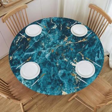 Imagem de BOXIMIAO Toalha de mesa redonda de mármore azul dourado com borda elástica, impermeável, reutilizável, toalha de mesa para férias, cozinha, festa, pátio, P (101,6 a 111,7 cm)