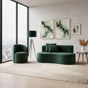 Imagem de Conjunto 01 Poltrona + Sofá Curvo Orgânico Nature Gaia Veludo Verde - 