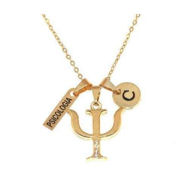 Imagem de Colar Pingente Psicologia Plaquinha E Inicial Folheado Ouro - Milena J
