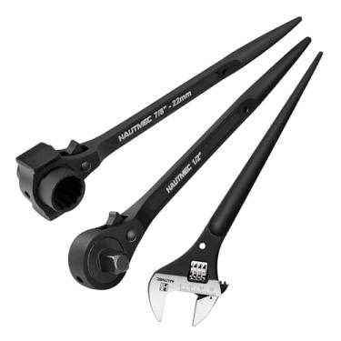 Imagem de HAUTMEC Conjunto de chaves catraca de 30,5 cm (3 peças), inclui chave catraca para andaime de soquete duplo de 1,9 cm x 1,2 cm com função de martelo, catraca de cabeça dupla de 0,9 cm x 1,2 cm e chave