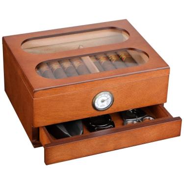 Imagem de Umidor de Charutos Premium com Controle de Umidade COOL KNIGHT - Higrômetro Frontal, Umidificador e Gavetas de Acessórios em Vidro Temperado