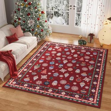 Imagem de Tapete de Natal Rugcomf 120 x 180 cm, lavável, antiderrapante, fino, pequeno, felpa baixa, para quarto, beira de cama, quarto de criança, escritório, sala de jantar (vermelho, floco de neve, de Natal)