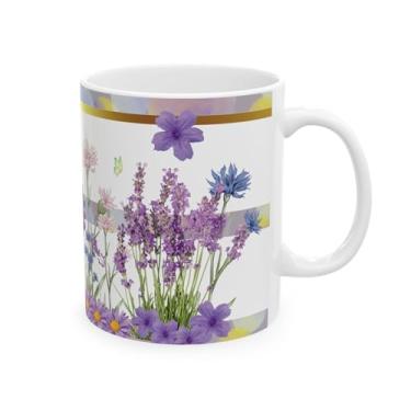 Imagem de Caneca de flores silvestres lavanda - Canecas de cerâmica de flores em aquarela para mulheres, presentes de borboleta, xícara de café floral - fofa (branca, 325 ml)
