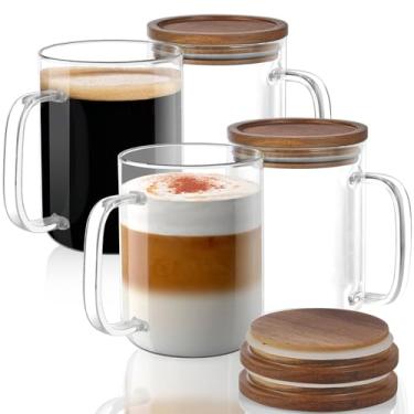 Imagem de DRASTAR Copos de café de vidro, canecas de café grandes de 590 ml, copos de fundo plano com tampa de madeira de acácia, xícara de chá de vidro com alça, conjunto de 4 xícaras de chá transparente