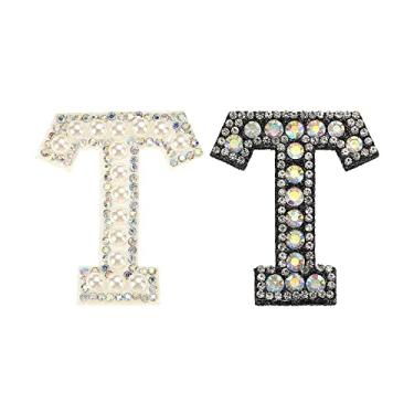 Imagem de Letra T decorativa com aplique do alfabeto com glitter e strass pérola letra inglesa para reparo de roupas faça você mesmo, chapéus, bolsas, pacote com 2