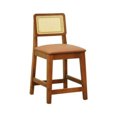 Imagem de Banqueta Baixa-cadeira Gabi Madeira Maciça Encosto Telinha - Amêndoa Assento Estofado Corano Caramelo