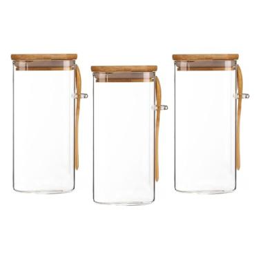 Imagem de Kit 3 Potes de Vidro Tampa Hermética de Bambu e Colher 1,3L