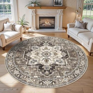 Imagem de RUUGME Tapete redondo lavável ultrafino - Tapete redondo grande de 1,8 m para sala de jantar, vintage, resistente a manchas, para sala de estar, quarto, antiderrapante, tapete macio de pelo baixo para