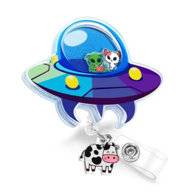 Imagem de Plifal Clipe para carretel de crachá – Lindo OVNI alienígena azul retrátil para crachá com clipe jacaré, enfermeira, escritório, médico, acessórios para estudantes, presentes