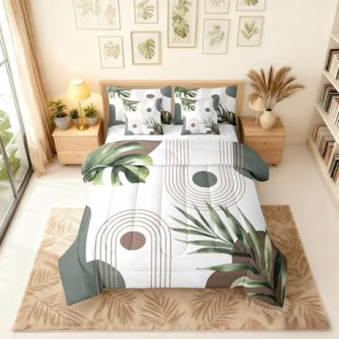 Imagem de Erosebridal Conjunto de cama King Boho Meados do Século 7 peças, conjunto de edredom com folhas de palmeira verde tropical com lençóis, cama curva geométrica abstrata em uma bolsa, boêmio moderno