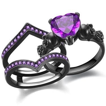 Imagem de GTISKL Conjunto de anéis de crânio gótico, vermelho, roxo, cristal, zircônia, Natal, Dia dos Namorados, casamento, noivado, aniversário, compromisso, noivado, declaração, vintage, coquetel, festa, biker, Banhado a ouro, Cristal de zircônia cúbica