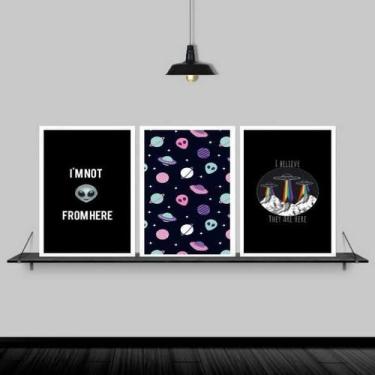 Imagem de Kit 3 Quadros I Believe Ovnis 45X34Cm Moldura Preta - Quadros On-Line