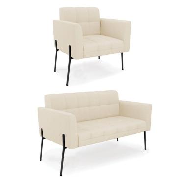 Imagem de Sofá Namoradeira E Poltrona Base Pé De Ferro Preto Elisa Linho D03 - D'rossi Cor A19 Bege