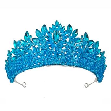 Imagem de QXMYOO Elegante coroa de strass para mulheres, tiara de casamento de 7,6 cm, coroas de princesa de cristal para 16 anos de aniversário de 15 anos (azul claro)