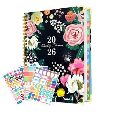 Imagem de Agenda 2026, calendário acadêmico semanal e mensal (janeiro de 2026 a dezembro de 2027), encadernação em espiral com abas coloridas, adesivos, capa resistente, papel premium, bolso interno, material