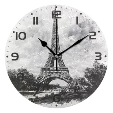 Imagem de JUZIHAI Relógio de parede da Torre de Paris, silencioso, sem tique-taque, relógios de parede redondos operados por bateria, fácil de ler, relógio decorativo de parede para casa, cozinha, sala de estar
