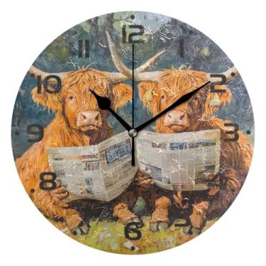 Imagem de JUZIHAI Highland Cow Reads Relógio de parede de jornal silencioso, sem tique-taque, relógios de parede redondos, operados por bateria, fácil de ler, relógio decorativo de parede para casa, cozinha