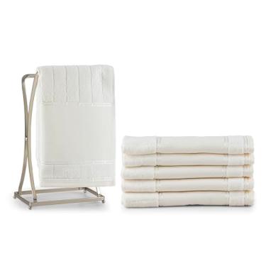 Imagem de Kit 6 Peças Toalha de Lavabo Social, 100% Algodão, 30cm x 50cm, Gramatura 420g/m², Hipoalergênico, Corpo Canelado de Veludo, Barra Lisa 12cm (Nude)