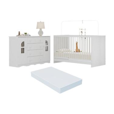 Imagem de Berço 3 Em 1 Com Colchão Incluso E Cômoda 2 Portas 4 Gavetas Liz Multimóveis MP4773 Branco