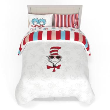 Imagem de Jogo de cama infantil Dr. Seuss Cat in The Hat, conjunto de cama de casal de 7 peças, edredom reversível macio e aconchegante com fronha, produto oficialmente licenciado por Franco