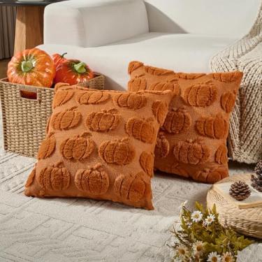 Imagem de Volcanics Conjunto de 2 capas de almofada de abóbora de outono 50 x 50 cm, capas de almofada decorativas de pele sintética, fronhas fofas de pelúcia para decoração de sofá de fazenda de colheita de