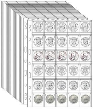Imagem de 600 bolsos para moedas, 20 folhas de páginas de moedas, suprimentos para coleta de moedas com 9 furos padrão, folhas de moedas de plástico para fichário (30 bolsos)