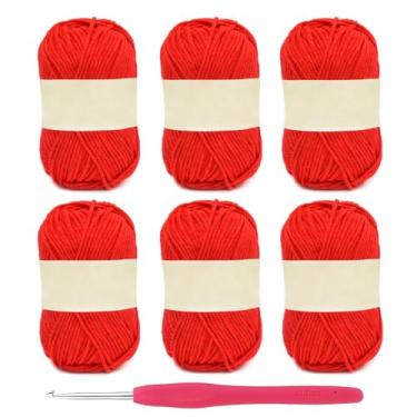 Imagem de Fio de algodão leiteiro de 5 camadas, 6 rolos de novelos de fio de algodão de leite macio com ganchos de crochê para boneca, suéter, chapéus, cachecol (vermelho)