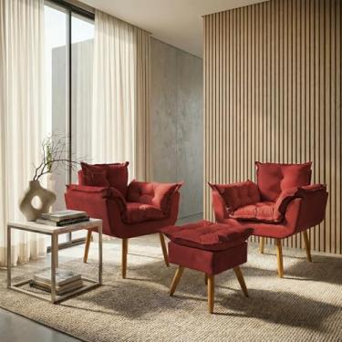 Imagem de Kit 2 Poltronas Decorativa e Puff Para Sala Recepção Manicure Consultório Quarto Closet Alice Tecido Suede (Bordô)