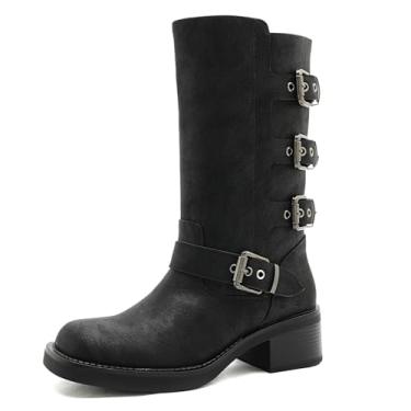 Imagem de GLOBALWIN Botas femininas de salto baixo estilo militar para motociclista de cano médio e grossas, Preto, 40